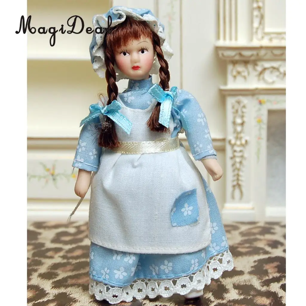 MagiDeal 1Pc 1/12 Dollhouse Miniature Porcelain Dolls Braided Hair Little Servent Girl w Stand for Bedroom Decor Kids Toy 2Kinds
