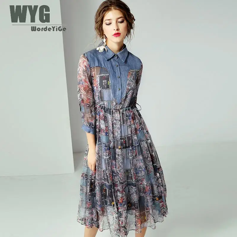 

Casual Natural Silk Dress 2019 Summer High Quality Tencel Jeans Patchwork Turn-down Collar Adjustable Waist Elegant Shirt Dress