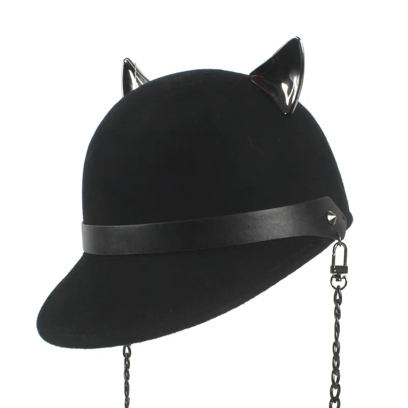MUMUWU 100% Wool Black Women Fedoras Cap with Devil Horns Cute Cat Ear Hat Felt Hat