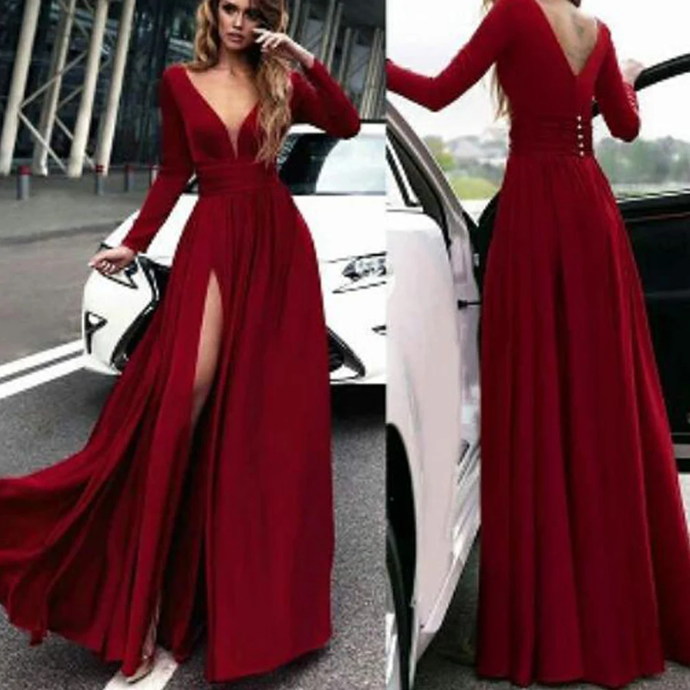 

Red Prom Dresses Deep V Neck Side Slit Long Sleeve Deep Red Vestidos de Fiesta Largos Elegantes de Gala