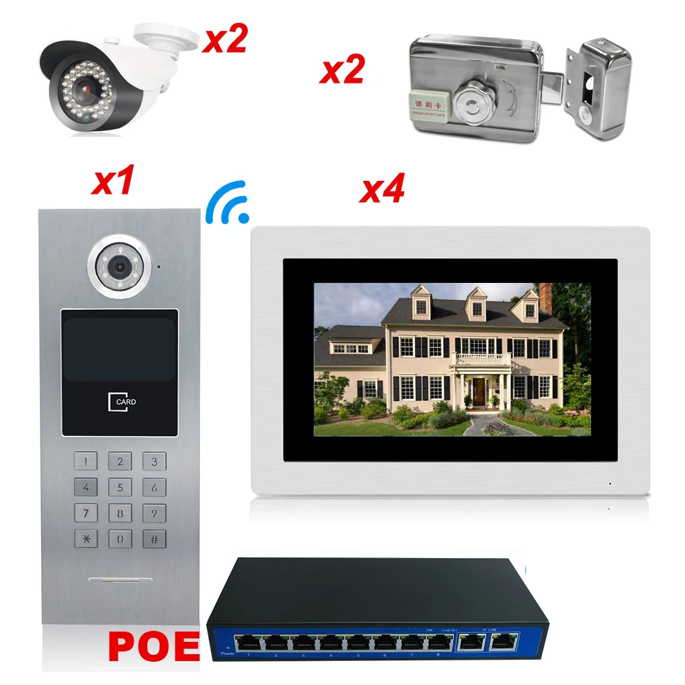 7'' 720P WiFi IP Video Door Phone Video 4 Apartments Home Access Control System + 2 IP Camera + 2 Electronic Locks 7'' 720P WiFi IP Video Door Phone Video 4 Apartments Home Access Control System + 2 IP Camera + 2 Electronic Locks