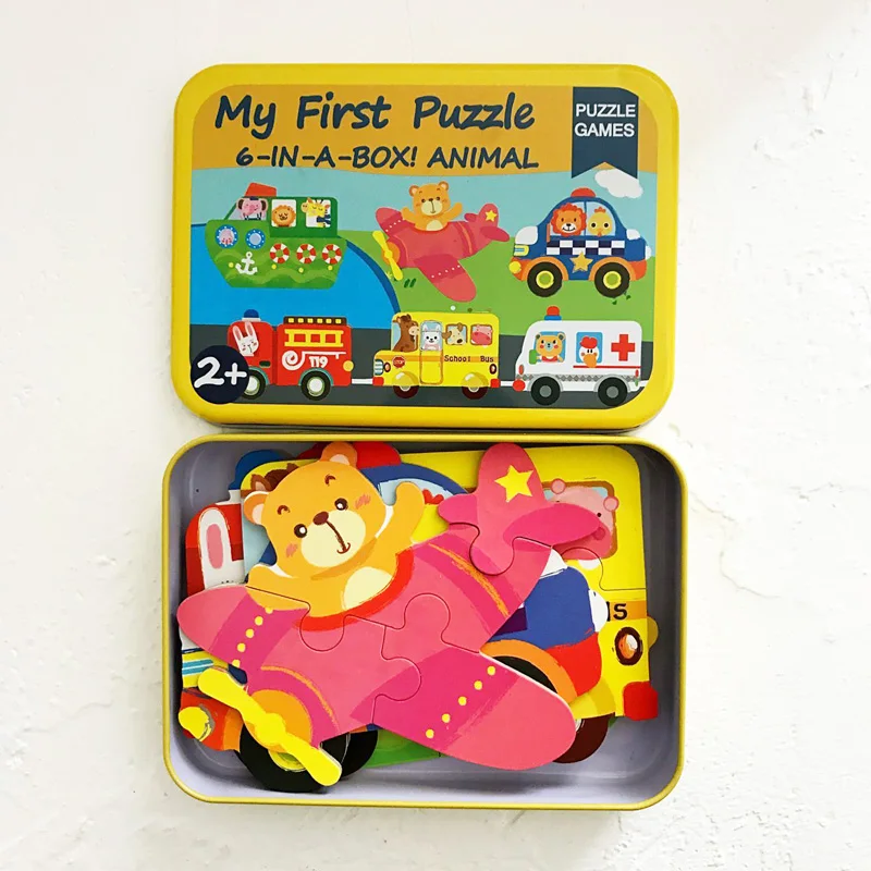 6 шт. детские большие первые деревянные головоломки с железной коробкой Мультяшные животные автомобиль головоломка для детей раннего обучения игрушки 2 лет