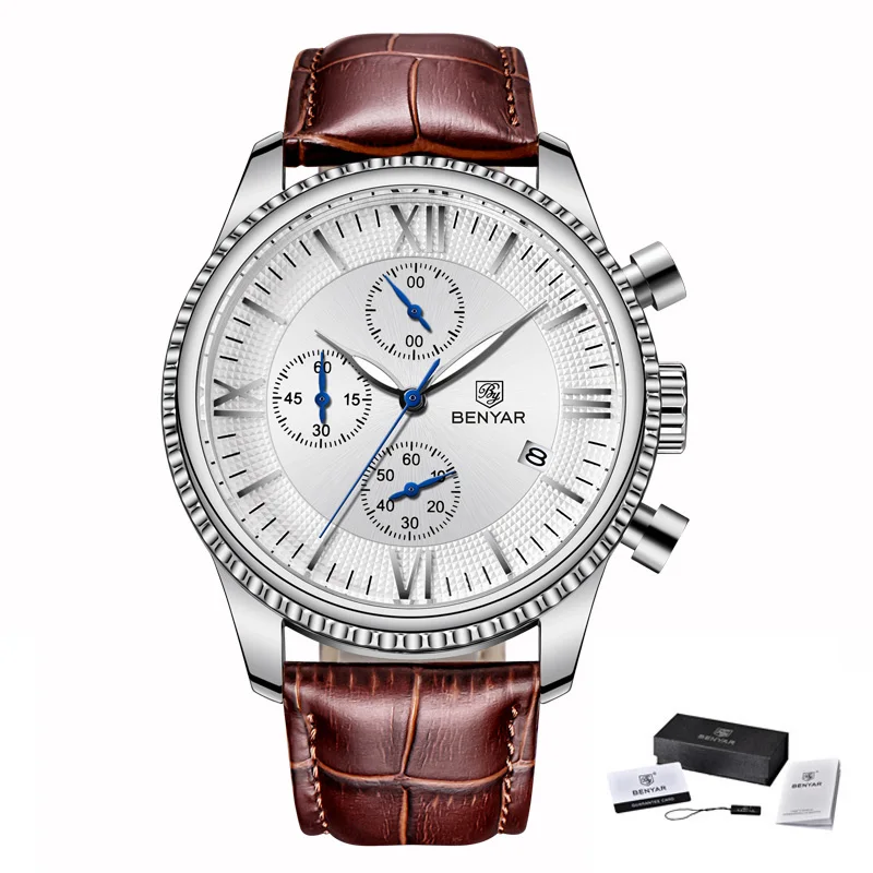BENYAR, мужские часы, модные/спортивные/кварцевые часы, мужские наручные часы, мужские часы, Топ бренд, роскошные кожаные часы для мужчин, Relogio Masculino - Цвет: Brown Silver White
