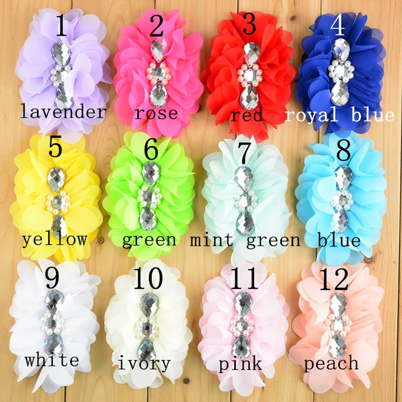 

20pcs 5inch Chiffon Flowers rhinestone pearl center For baby Girls Hair Accessories 12colors XFH17