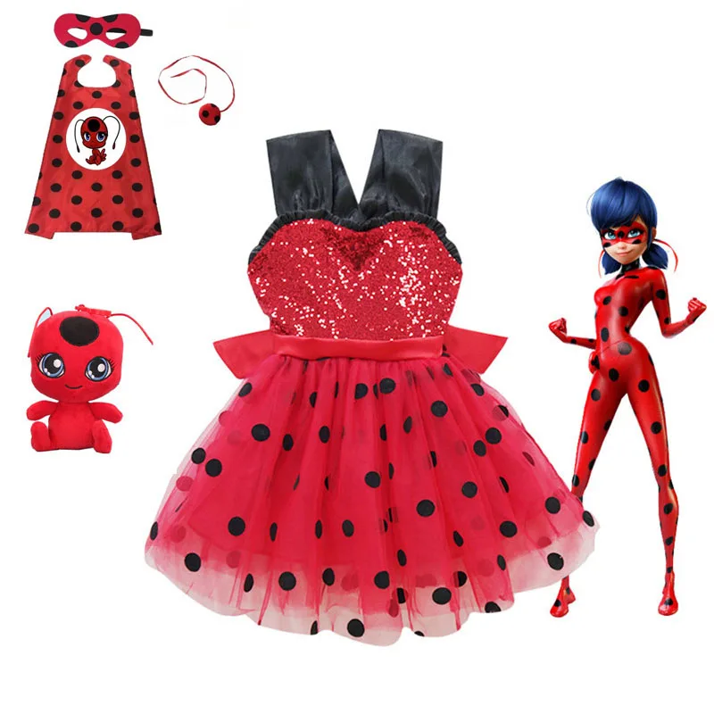 

2019 Ladybug cosplay Carnival Girls Dress Summer Clothes Lady bug Party Dress Children's day Lace Dot Baby Girls Dresses