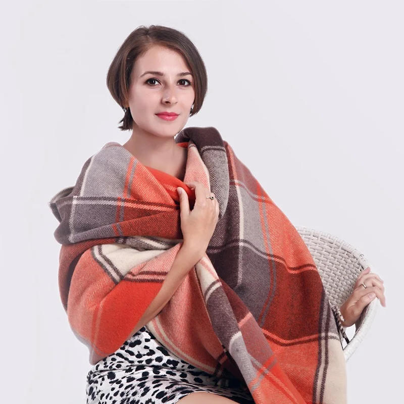 Australian fine wool shawl tassel throw blanket orange plaid blankets