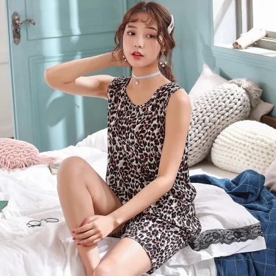 

Herislim Women's Pajamas Silk Sleeveless Vest And Shorts 2 Pieces Pajama Sets Summer Leopard Floral Pyjama Cut Cartoon Sleepwear