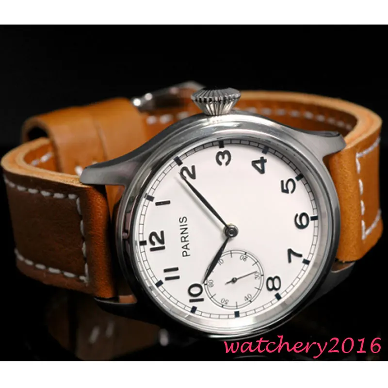 

47mm parnis White dial Stainless steel Case Leather Strap top brand Luxury Newest ST 6497 Mechanical ST manual wind mens watch