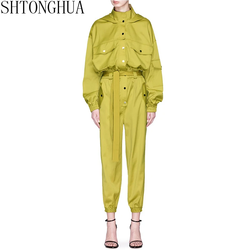 

SHTONGHUA NEW 2019 Spring Women safari style pockets jumpsuit hooded belted long sleeve casual loose ankle-length pant jumpsuit