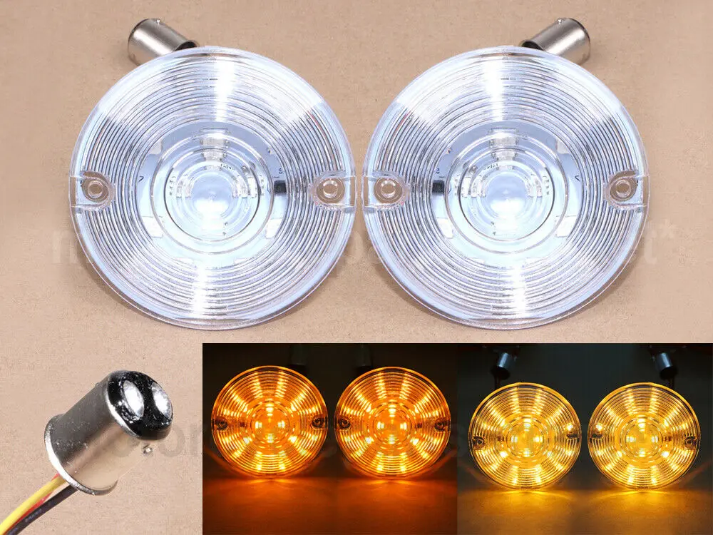 Pair 1157 Amber Front Turn Signal Panel Inserts Light W/Transparent Lens Cap Cover For Harley |