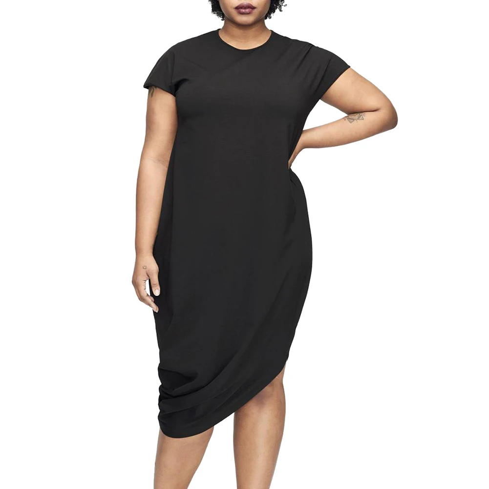 2018 mujeres de la manera más El vestido del tamaño XXXL sólido O cuello manga corta vestido Irregular Hem suelto vestido azul /Negro Ropa 2018 mujeres de la manera más El vestido del tamaño XXXL sólido O cuello manga corta vestido Irregular Hem suelto vestido azul /Negro Ropa