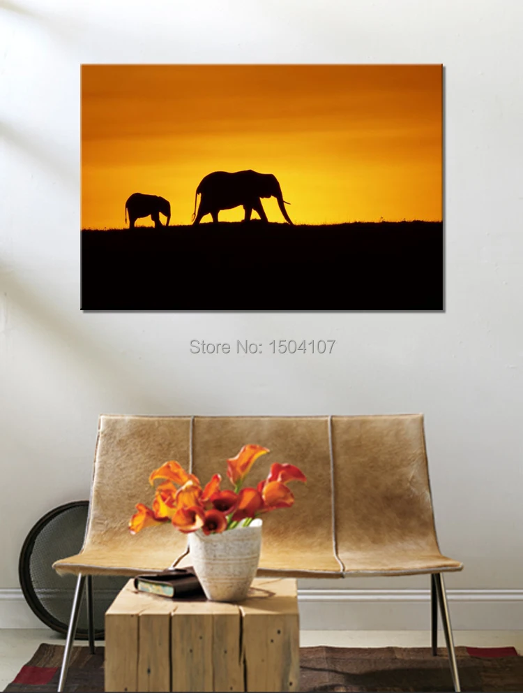 Home Decor Animal Painting Printed On Canvas Wall Art Painting "Elephant And Elephant Baby "For