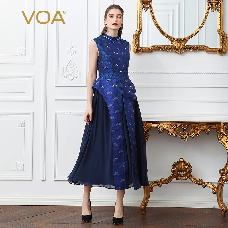 

VOA Plus Size 5XL Beading Printed Women Silk Long Dress Sleeveless High Waist Tunic Slim Vintage Party Dresses Luxury ALX15001