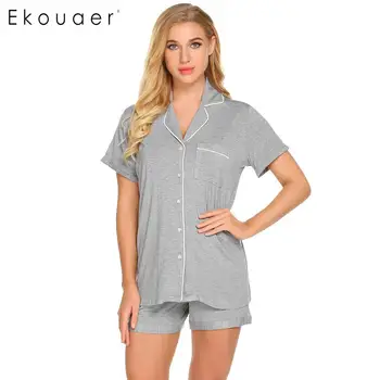 

Ekouaer Women Sleepwear Pajama Sets Pajama Short Sleeve Button Pocket Shirts And Shorts Pajamas Suits Female Nightwear Set