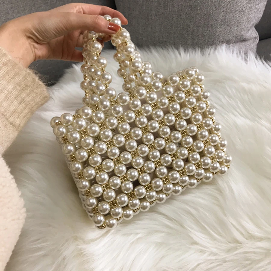 

Beading Box Women Tote Bag Pearls Bags for Women 2019 Pearl Beaded Handbags Woman Brands Hand-Woven Evening Party Bags Designer
