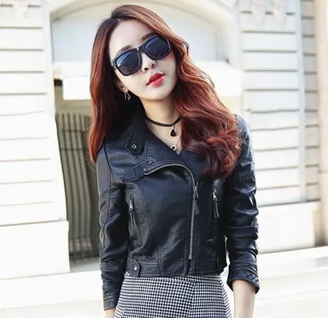 

Black Leather jacket Women Zipper Spring 2018 Fashion black Slim Faux Leather Coats womens motorcycle leather jackets and coats