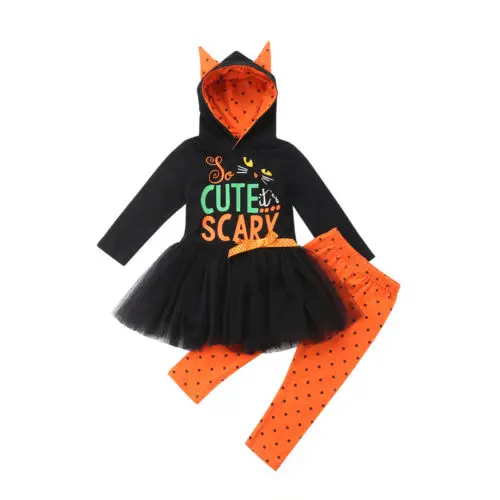 Свежий крутой костюм на Хэллоуин платье-пачка с длинными рукавами и буквенным принтом для маленьких девочек топы + Длинные оранжевые штаны