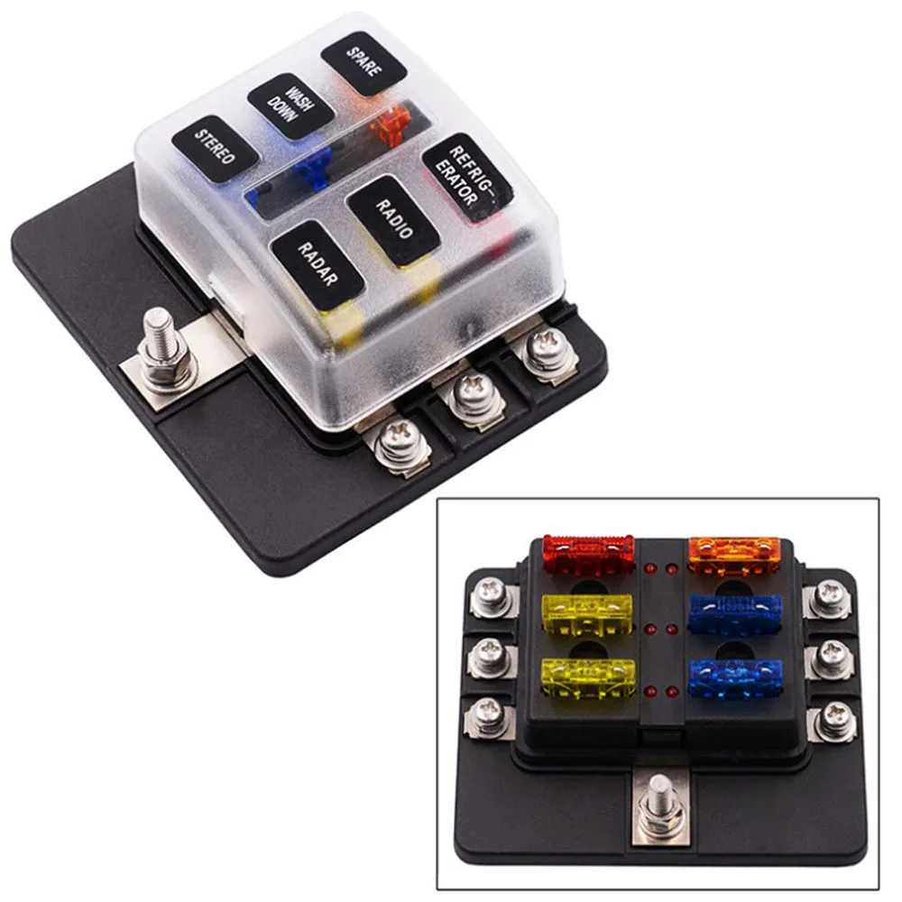 6 way Fuse Box Blade Fuse Block Holder Screw Nut Terminal 5A 10A 15A