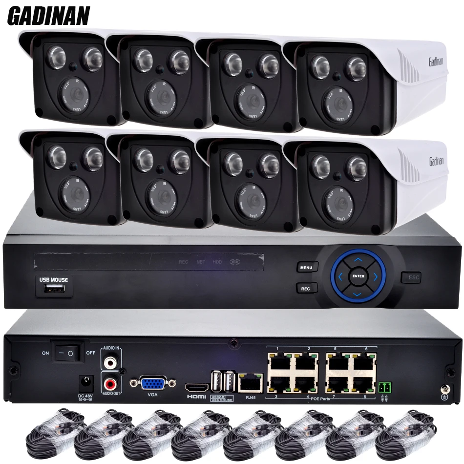 GADINAN 1080P IP Camera Security System 8CH PoE NVR Recorder System Kit Bullet Camera System 8 Channel 48V POE NVR CCTV System