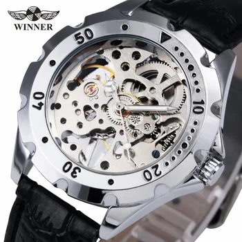 

WINNER Women Automatic Mechanical Watch Black Leather Strap Skeleton Golden Dial Arabic Number Lover's Wristwatch Present + BOX