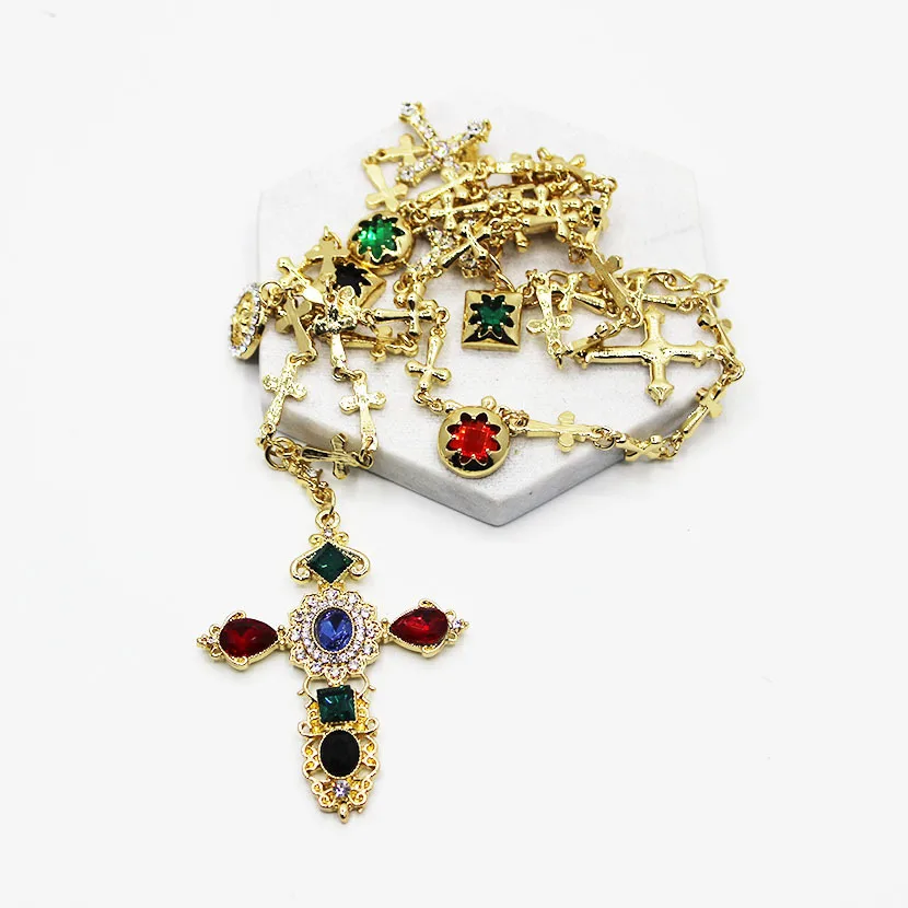 

2017 European and American Baroque long sweater chain full of cross neck long necklace with Sydney ornaments 1348