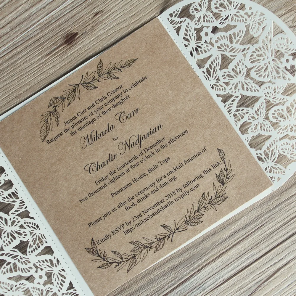 Rustic Wedding Invitation Butterfly Invitation Card With Hemp rope Customized wording - Set of 50 - 32889309183