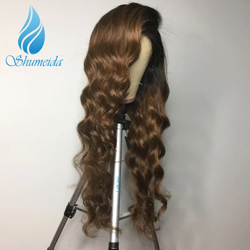 SHD бразильские человеческие волосы парики для женщин Омбре коричневый парик предварительно сорванные натуральные волосы длинные волнистые кружева передние парики с детскими волосами