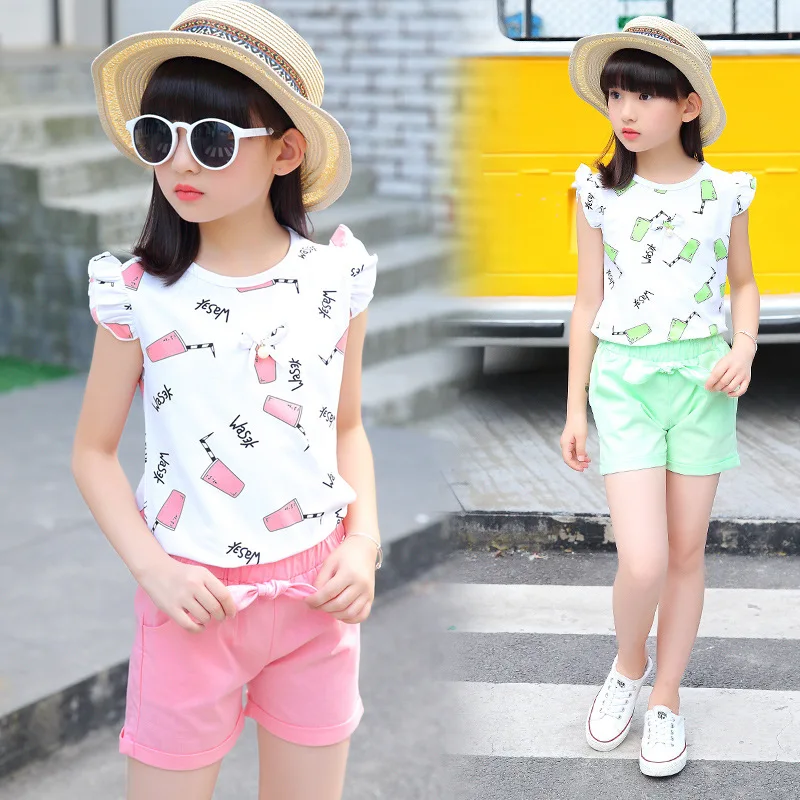 Детский комплект одежды для девочек летняя футболка и шорты с принтом без