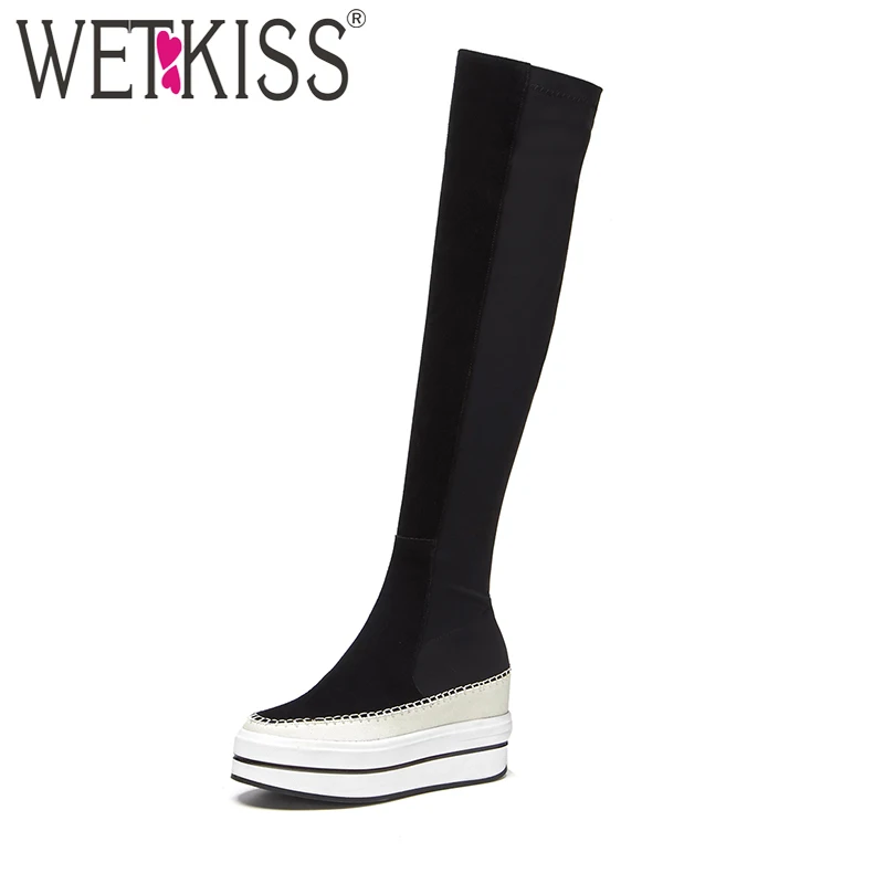 WETKISS Comfort Thick Sole Height Increasing Knee Boots for Women Cow Suede Stretch Fabric Shoes Woman Platform Zipper Boots