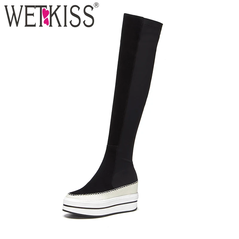 

WETKISS Comfort Thick Sole Height Increasing Knee Boots for Women Cow Suede Stretch Fabric Shoes Woman Platform Zipper Boots