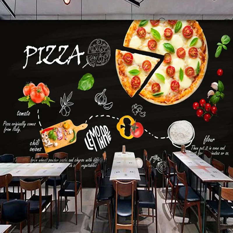 

Custom 3D Photo Wallpaper Black Hand Painted Pizza Mural Cafe Dessert Pizza Shop Western Restaurant Backdrop Wall Decor Painting