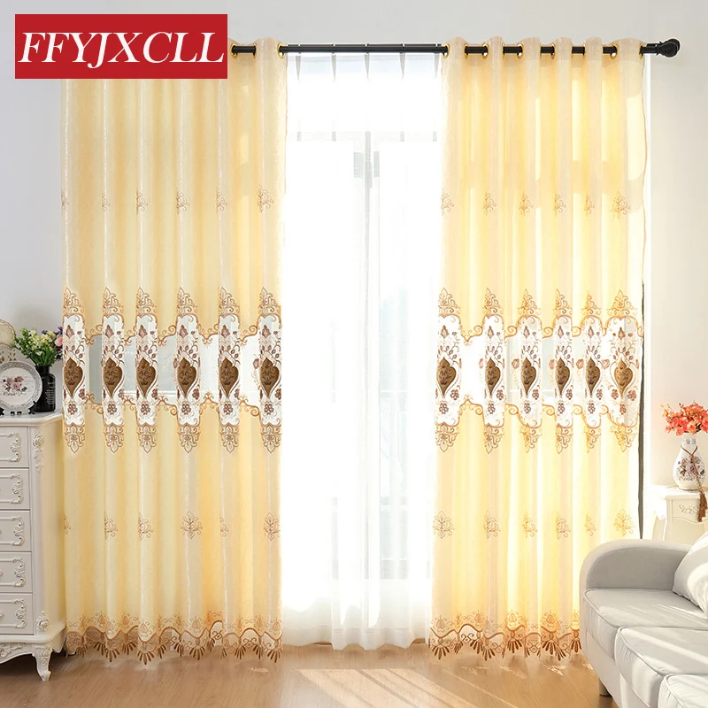 

2018 Home Decor Geometric Embroidered Tulle Curtains For living Room Bedroom Curtains Window Treatment Drapes Yellow