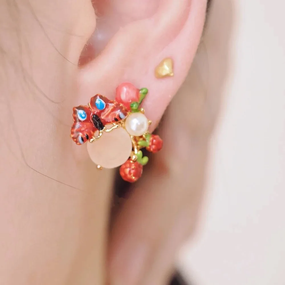 

2018 Amybaby Designer Handmade Enamel Glaze Butterfly Red Berry Drop Clip Hook Earrings Jewelry For Party