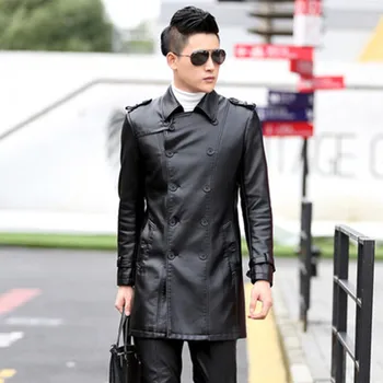 

DHfinery mens leather jacket spring autumn slim long design double-breasted leather jacket Casual business jackets M-5XL 8850