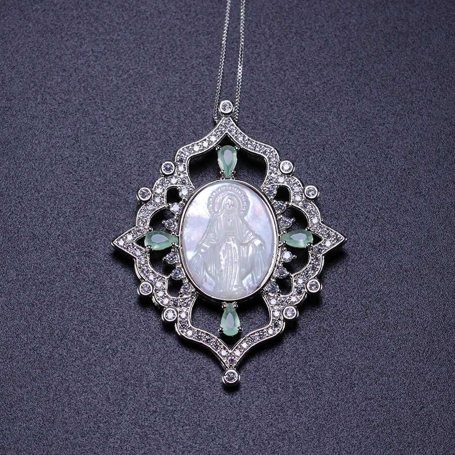 

Virgin Mary Pendant Necklace Natural Green Crystal with CZ Shell Pearl Necklace statement jewelry fr women fashion jewelryPGY030