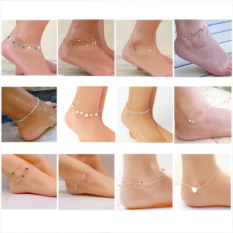 

12Pcs/Set Alloy New Bijoux Fashion Vintage Anklet Bracelets For Women Ankle Barefoot Jewelry Leg On Foot Chain Beach Summer