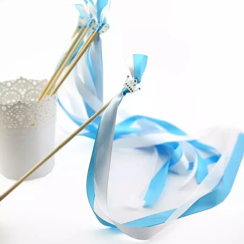 

10pcs Snow Queen Theme Party Fairy Wands With White Crown Blue Wedding Ribbon Wands Tassels Birthday Party Decor Stream Wands