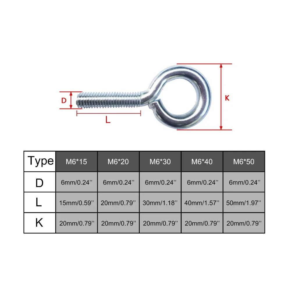 20 штук M6 15/20 Вт, 30 Вт, 40/50 мм цинковое покрытие болт с проушиной крюк винт с резьбой оборудования Длина