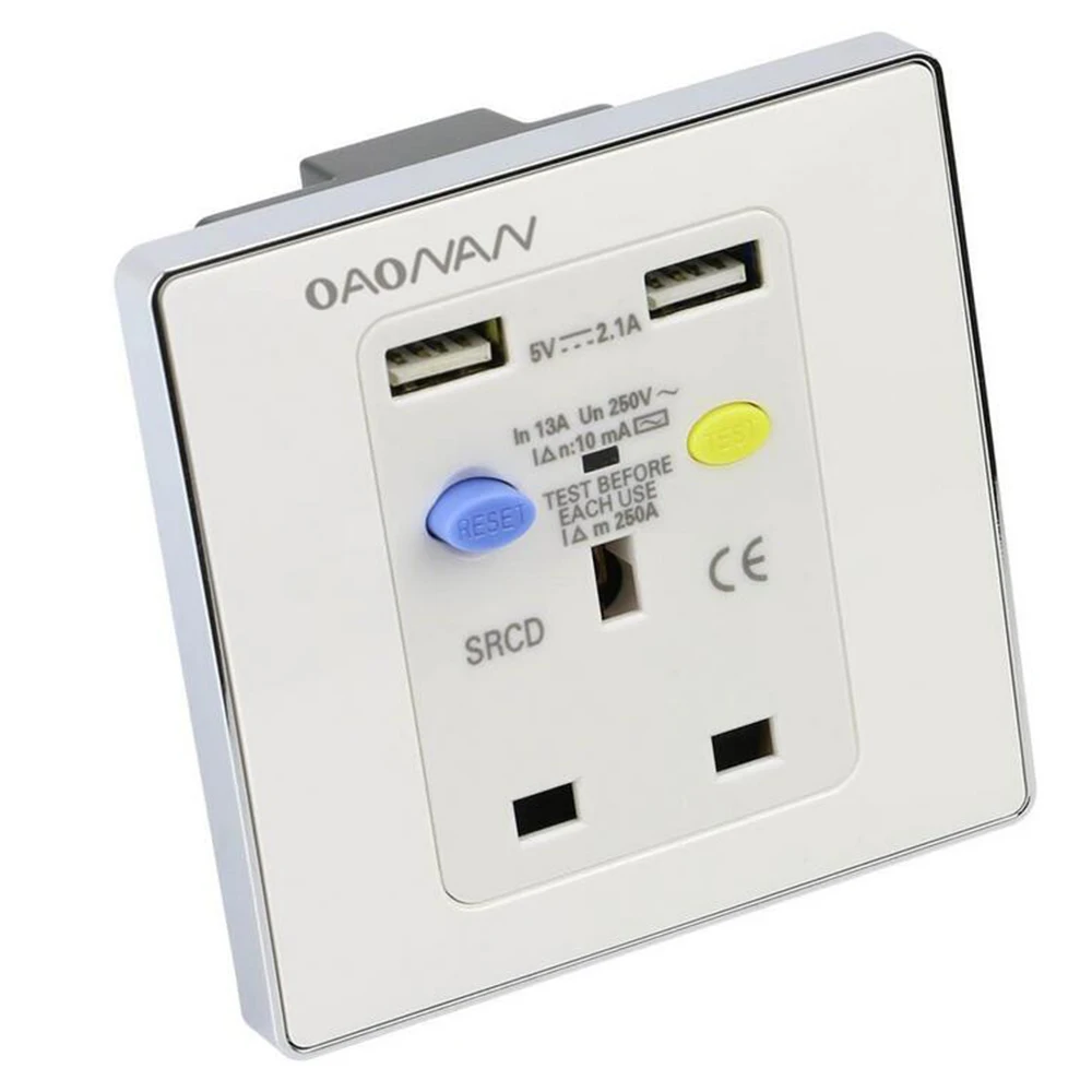 Safety RCD Wall Socket with 2 USB ports / 1 British Socket 13 AMP for Home Building, Garage and