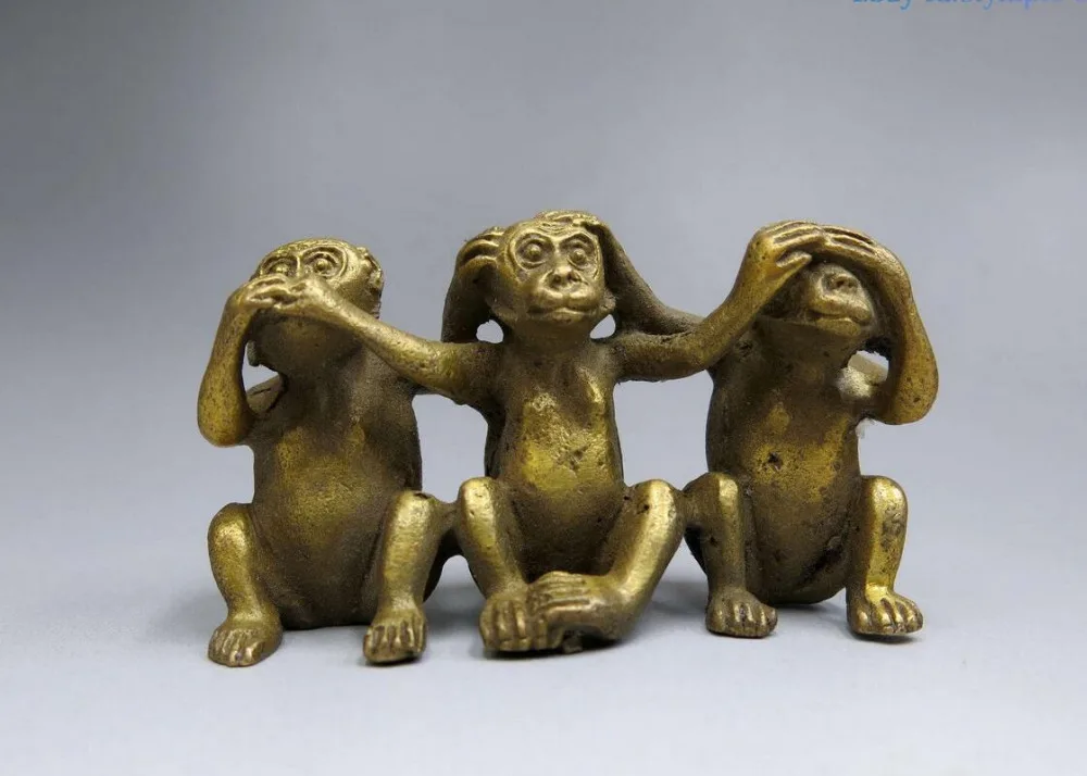 China brass sculpture carved fine copper Feng Shui lucky three monkey Statuein Statues