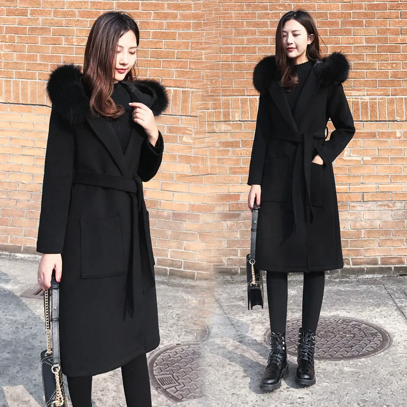 

Autumn Winter Women Outerwear 2018 New Medium Long Female Woolen Coat Over Knee Hooded Fur Collar Loose Ladies Woolen Coat Cw152