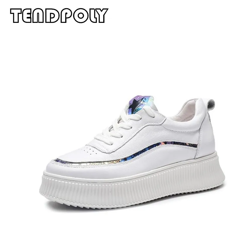 

New women's shoes fashion fall winter Genuine leather color matching Lace-up sneakers round head thick bottom women single shoes