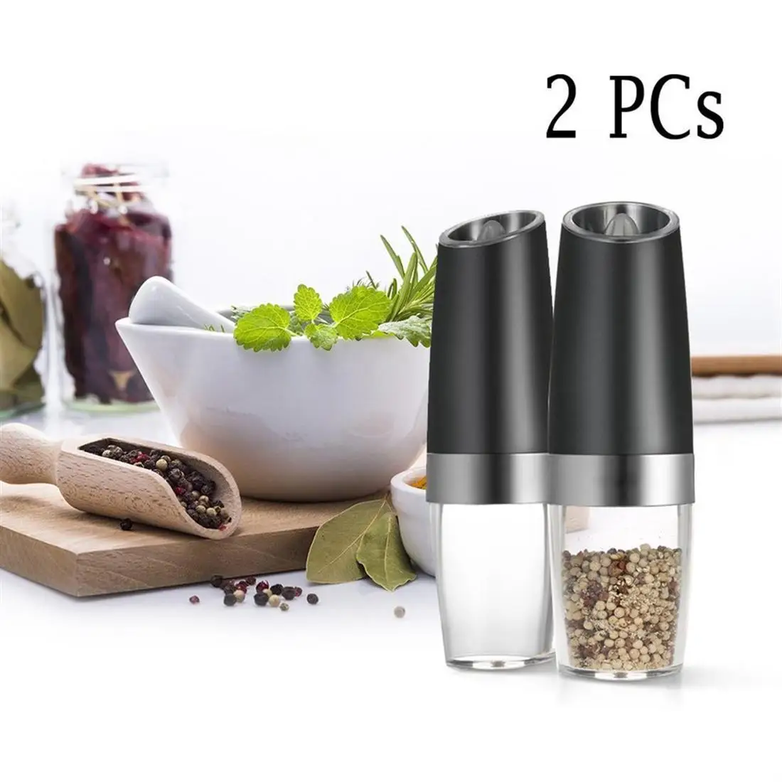 Set of 2 Electric Gravity Pepper& Salt Grinder with LED Light Automatic Adjustable Pepper Spice Mill Kitchen Grinding Tools