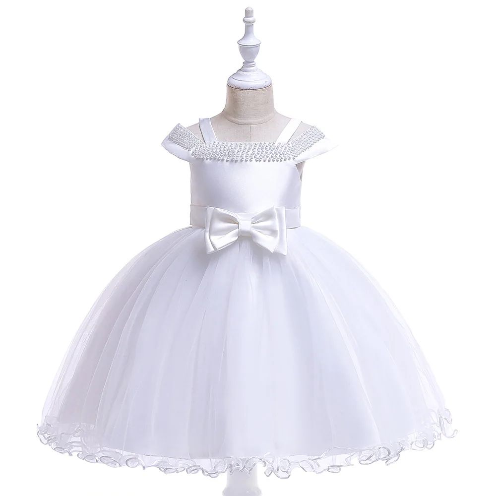 

Beauty Ballgown Spaghetti Strap White Flower Girl Dresses PearlsTulle Kids Girl For Wedding Prom Dress Occasion Dresses 2019