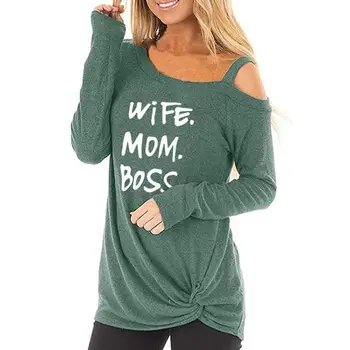 

2019 Fashion WIFE MOM BOSS Letters Print T-Shirt For Women Long Sleeve Oblique Shoulder T-Shirt Tops Female Cotton Summer Tumblr