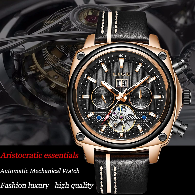 LIGE Мужские часы механические Tourbillon Роскошные модные брендовые кожаные мужские