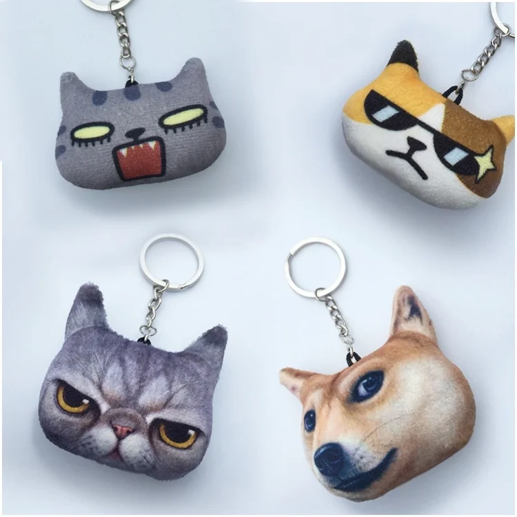 

Fashion 3D printing PP Cotton and metal accessories ring key ring Cat Dog head keychains Creative gifts