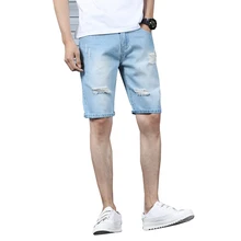 Summer Fashion Men's Jeans Shorts Hole Short Ripped Jeans Homme Knee Length Streetwear Hip Hop Denim Shorts Men Casual Blue Slim sokotoo men s fashion slim fit bib overalls male holes ripped jeans knee length capri shorts for man free shipping