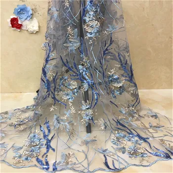 

African French Lace Fabric With 3D Flowers High Quality African Tulle Lace Fabric With Beads 5yards Sequin Lace Fabric X5