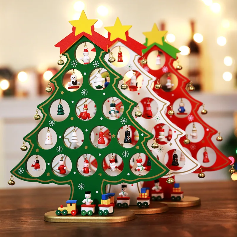 

New Mini Wooden Christmas Tree with Bells Dolls Decor Desktop Crafts DIY Mini Christmas Tree Ornaments Window Display Decoration